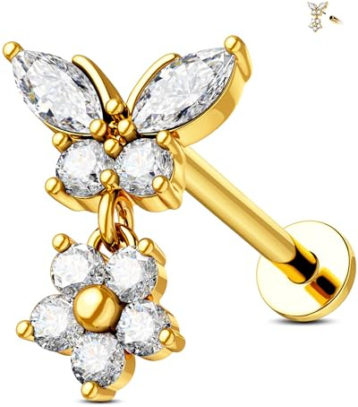 Jewseen Flache Rückseite Ohrring Innengewinde Helix Ohrring Blume baumeln Knorpel Piercing Schmuck 316L Chirurgenstahl Tragus Stud, 16G 8MM, Edelstahl