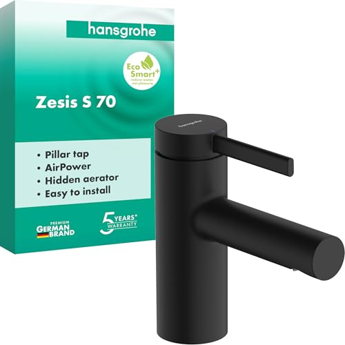 hansgrohe Zesis S - Mitigeur de lavabo eau froide sans tirette ni vidage, Robinet de salle de bain avec hauteur sous bec 74 mm, max. 5l/min (EcoSmart), Noir mat, 74713670