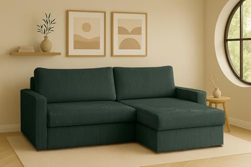 Kaiser Möbel - Ecksofa mit Schlaffunktion und Bettkasten, Wohnlandschaft L Form, Schlafsofa, Bequemes Couch mit Ottomane für Wohnzimmer, Cordstoff, Klappsofa, Lounge-Set L-Form, LUBEKA, Grün, Rechts