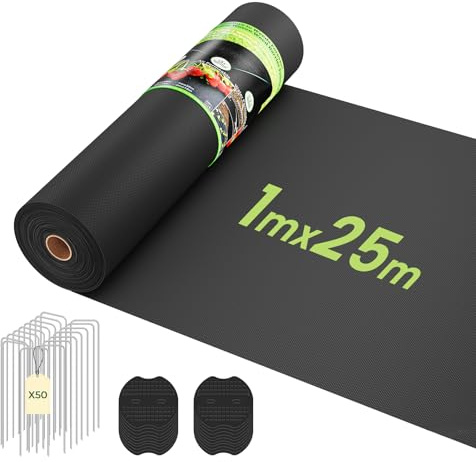 OUNUO Unkrautvlies Gartenvlies 100g/m² gegen Unkraut, 1mx25m Rolle Unkrautgewebe Extra Stark mit 50 Erdanker, 25m² Unkrautfolie Wasserdurchlässig, Reißfestes Unkrautflies mit hohe UV-Stabilisierung