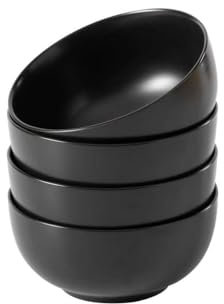 Vencier Set of 4 Porcelain 600ml Bowls | Cereal, Pasta, Noodles, Ice Cream | White Serving Bowls | Microwave Safe & Dishwasher Safe (Black)