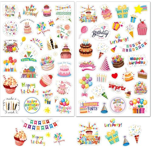 Canollo Sticker Geburtstag Set (54 Motive), Selbstklebende Aufkleber Geburtstag, Party-Deko für Erwachsene & Kinder, Birthday Stickers für Scrapbook Geburtstagskarten Gästebuch Fotoalbum Geschenke
