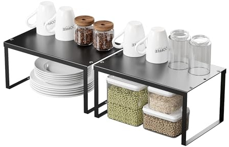 JEPEErbz Küchenschrank-Organizer, 2er-Pack, Schrank-Aufbewahrungsregal, Organizer, Metall, erweiterbarer Gewürzhalter, stapelbare Aufbewahrungsregale für Schrank, Regaleinsatz, Arbeitsplatte