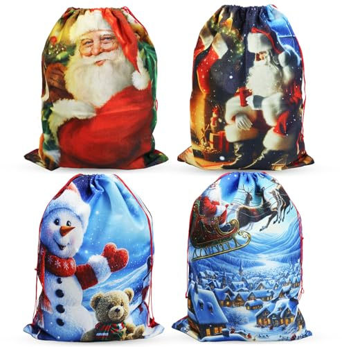 Lote de 4 sacos de Navidad medianos, 35x50cm, bolsas de yute falsa con cierre de cordón, reutilizables