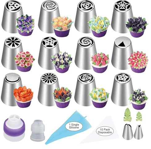 27pcs Douilles à Pâtisserie Russes, Kit Décoration de Gâteaux Sacs de Tuyauterie Buses, Compris 12 Embouts de Glaçage à Fleur 2 Embouts Feuilles 2 Convertisseur 11 Poches à Douille (27PCS Douilles)