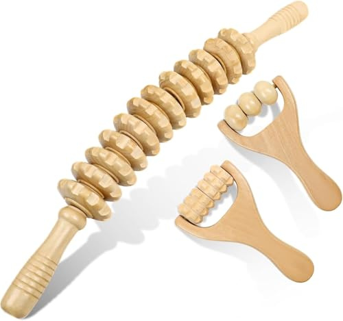 3 Stück Faszienrolle Holz, Premium Faszienstab mit Griff, Massageroller für Rücken, Cellulite & Mehr, Muskelentspannung, Körperformung, Lindert Müdigkeit