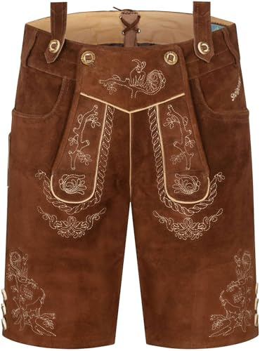 STEIGENHÖFER Lederhose Herren Tracht kurz - Ludwig - Trachtenhose mit Trägern - 100% Rindsleder - Traditionelle Echtlederhose - Ideal für Dein Oktoberfest Herren Outfit - Braun - 54