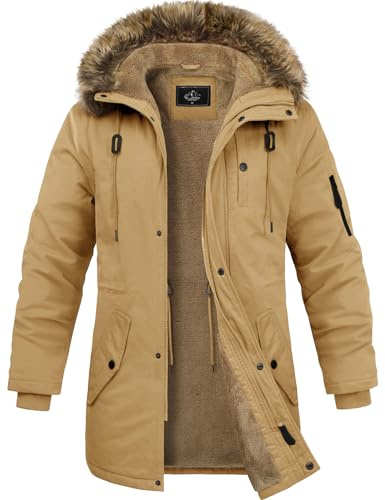 Lonya Abrigo Hombre Invierno Chaquetas de Algodón Forro Polar Cálido Parka Gruesa Cuello De Piel Desmontable Exteriores Prueba de Viento Cazadora con Capucha Integrada Bolsillos Múltiples, Caqui, M