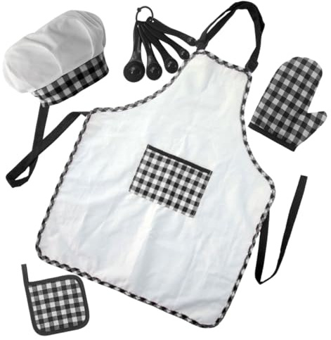 HEALSOPTHY Children Cooking Apron Set 5pcs Kids Kitchen Aprons Chef Hat for Toddlers Black and White Cooking Role Play Baking Supplies