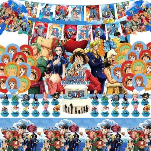 43Pcs For One Piece Birthday Party Supplies: 1 Banner, 1 Tablecloth, 1 Backdrop, 1 Cake Topper, 24 Cupcake Toppers, 15 Balloons, 2 Aluminum Balloons for Kids Boys Theme Party Decorations