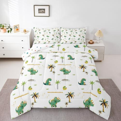 Loussiesd Söt dinosaurie sängkläder set tecknad dinosaurie täcke set dubbel storlek för barn pojkar flickor vilda djur djungel dinosaurie växt sovrum dekor mikrofiber 3 st med 2 örngott