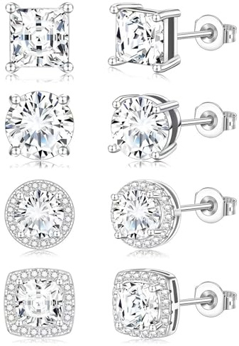 4 Pairs Men's Square Stud Earrings, 925 Sterling Silver Cubic Zirconia