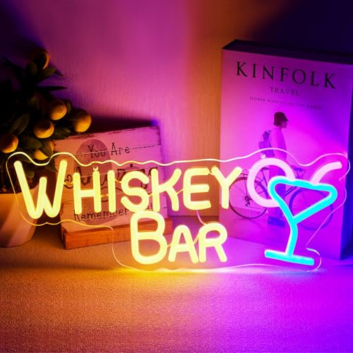 Insegna Luminosa, LED WHISKEY BAR 42 x 16 cm, Neon USB Dimmerabile 10 Livelli, Pannello in Acrilico Decorazione Parete Interna Bar Pub Ristorante