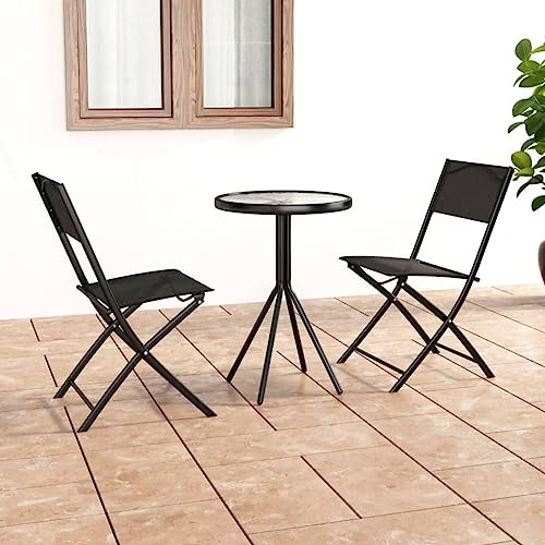 RCODSSK 3-TLG. Bistro-Set Stahl Schwarz mit faltbaren Stühlen und gehärteter Glasplatte, Bistro-Set mit Stahlrahmen schwarz für Terrasse und Balkon