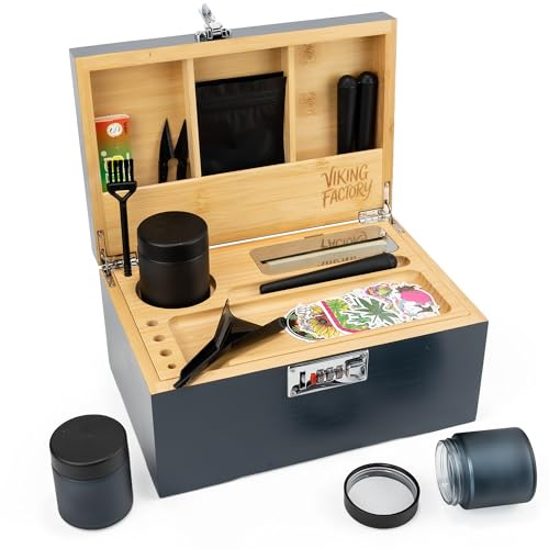 Viking Factory Large Lockable Bamboo Storage Box with Removable Tray and Combination Lock, 19-Piece Wooden Organizer Set with Jars, Accessories and Padded Interior for Personal Storage (Grey)