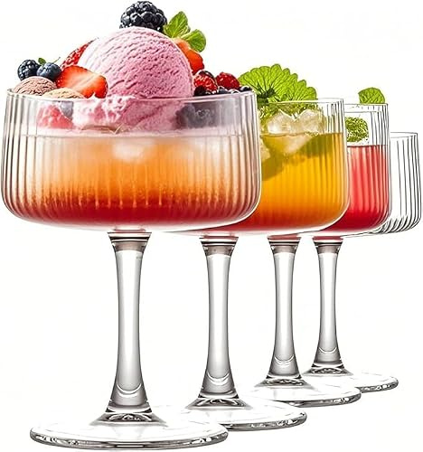 Martini Glasses Set of 4, 240ml Cup Ribbed Glass Set, Vintage Martini Glasses Classic Cocktail Glassware, Bar Drinks Perfect for Champagne Wine Cocktails