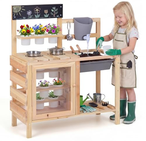 COSTWAY Cocina de Juguete Exterior, Cocinita de Madera Infantil con Fogones, Fregadero, Depósito de Agua, Macetas y Pizarra, Juego de rol de Juguete de Exterior para Niños de 3+ Años