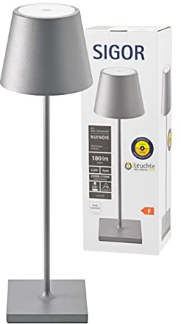 SIGOR Nuindie - Dimmbare LED Akku-Tischlampe Indoor & Outdoor, IP54 spritzwassergeschützt, Höhe 38 cm, aufladbar mit Easy Connect, 12 h Leuchtdauer, graphitgrau