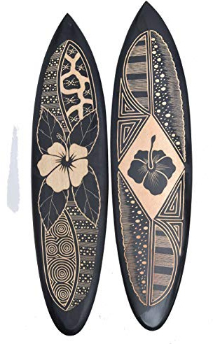 Interlifestyle 2 Tiki Deko Surfboards aus Hart Holz 100cm mit Hibiskus Motiv Surfboard Surfbrett Hawaii schwarz