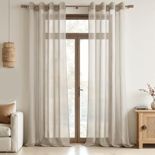 MRTREES Voile Gardinen Vorhang halbtransparent kurz mit Ösen in Leinenoptik Stores Gardinen Schals für Wohnzimmer Schlafzimmer Kinderzimmer Beige 245×140cm (H×B) 2er Set