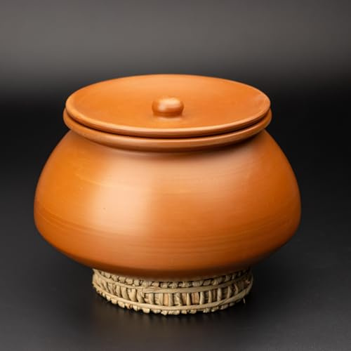 Swadeshi Blessings HandMade Unglazed Clay Pot for Cooking with Lid, 3Liters | Chemical-Free, Multi-Use Clay Cookware, Mud Handi, Mitti Ke Bartan, Biryani Pot, Earthen Kadai, Free Cleanser&Palm Leaf Stand