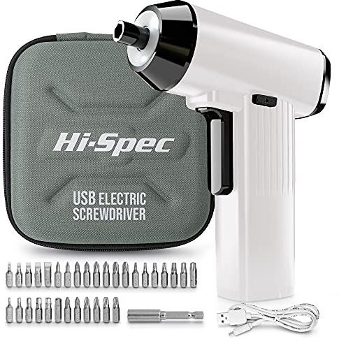 Hi-Spec Destornillador Eléctrico Inalámbrico 3.6V con 32 Puntas para Atornillar de Alta Precisión. Batería de Ion-Litio 2000mAh, Luz LED Integrada - Experto en Bricolaje y Reparaciones Domésticas.