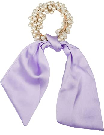 styleBREAKER Damen Perlen Haargummi mit Satin Schleife, elastisch, Scrunchie, Zopfgummi, Satinband, Haarband 04027037, Farbe:Flieder
