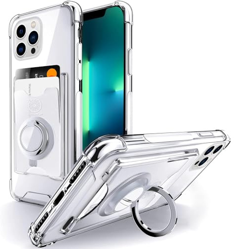 SHIELDS UP for iPhone 13 Pro Case with Card Holder & Ring Kickstand. | Wallet Minimalist Case,Transparent Slim Shockproof TPU Bumper Cover for iPhone 13 Pro 6.1''- Clear