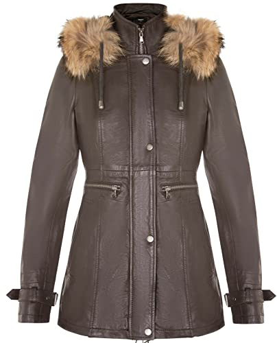 Infinity Leather Damen Warme Lederjacke Abnehmbare Kapuze Parka Regenmantel