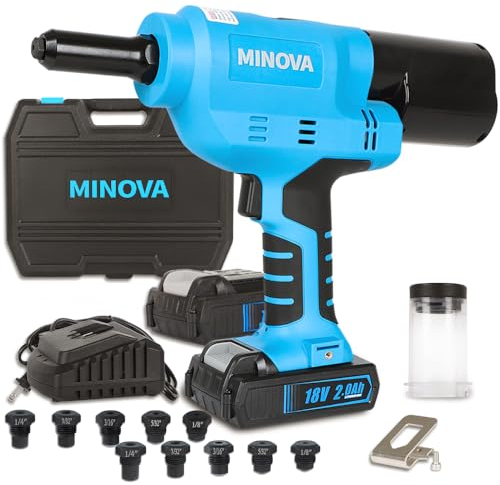 Minova RIVETER7 - Pistola de remache sin escobillas, herramienta de remache inalámbrica compatible con remaches de acero inoxidable de 6,4 mm, retroceso automático con batería de 18 V 4,0 Ah (2 piezas