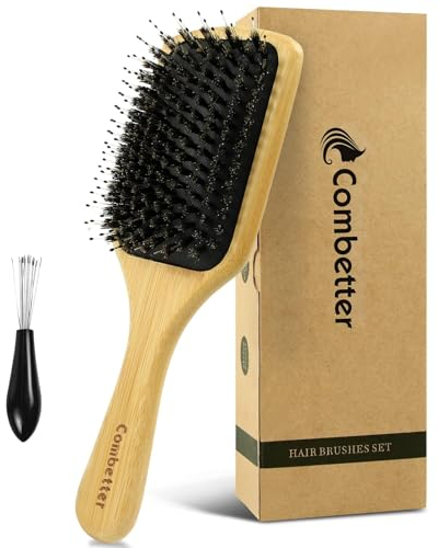 Combetter Boar Bristle Hair Brush, Natural Bamboo Wood,Paddle Square Shape, Detangles, Shines, And Smooths Hair for Women Men Kids with Curly Thick Long Fine Dry Or Wet Hair Comes with A Gift Box