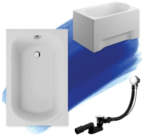 BADLAND Badewanne Original Weiß Acryl Wanne Rechteck MINI 100x65 KOMPLETTSET SET mit Weiß Acrylschürze + Füßen und Exklusive Chrom Automatik Ablaufgarnitur Made in EU 4in1