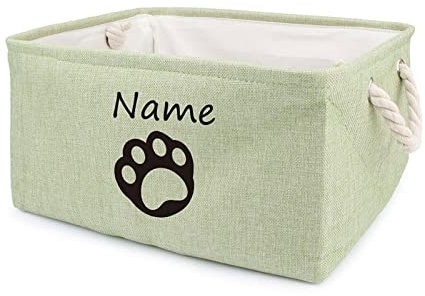 TONYFY Leinenstoff faltbar Aufbewahrungskorb mit personalisiertem Namen des Haustiers, für Hundespielzeug zum Hundespielzeug, Hundekleidung, Hunde katzen zubehör und anderem Haustierbedarf (G Grün)