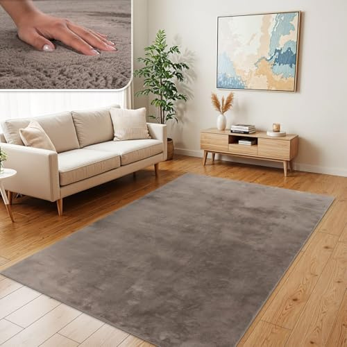 TT Home Wohnzimmer Teppich Hochflor Langflor Kunstfell Weich Modern Unifarben Flauschig, Farbe:Beige Taupe, Größe:200x280 cm
