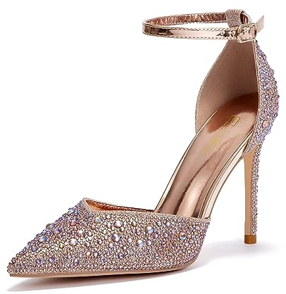 Zhabtuc Zapatos de Tacón Alto para Mujer 10 cm, Elegantes Tacones con Pedrería Brillante, Correa al Tobillo, Strass Oro Rosa, 40 EU
