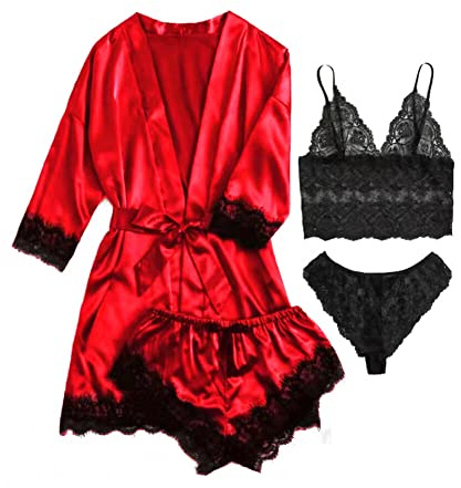 iSpchen Pyjama 4 pièces pour femme - Ensemble pyjama long - Sous-vêtements sexy en dentelle - Pantalon court - Chemise de nuit - Printemps été automne - Robe de chambre douce - Vêtement de nuit -
