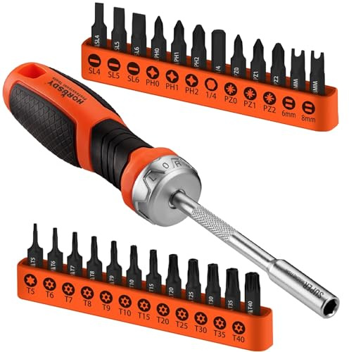 HORUSDY 25-Piece Security Torx Screwdriver Bit Set | T5-T40 Torx Bit Set 1/4 inch Ratcheting Magnetic Bit Driver | 12Pcs T-Drive Bits and 12Pcs Common Bit