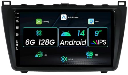 Android Autoradio für Mazda 6 Rui Wing 2007–2012 – Kamera und Mikrofon – [6G+128G] – 9 Zoll IPS 2 Din – unterstützt DAB+ Lenkradsteuerung 4G WiFi Bluetooth Carplay Android Auto DSP