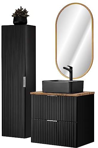 Lomadox Badmöbel Set mit schwarzem Keramik Waschbecken und LED Spiegel, matt schwarz mit Eiche Nb., gerillte Front (1 Hochschrank, 1 LED Spiegel, 1 Waschtisch mit Aufsatzbecken)