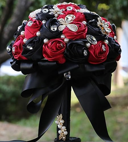 Sharebeauty 22,1 cm handgefertigter Rosenstrauß aus Satin für Brautstrauß, rund, für Hochzeit, Blumenstrauß, Überwurf, künstlicher Blumenstrauß, Schwarz + Karmin