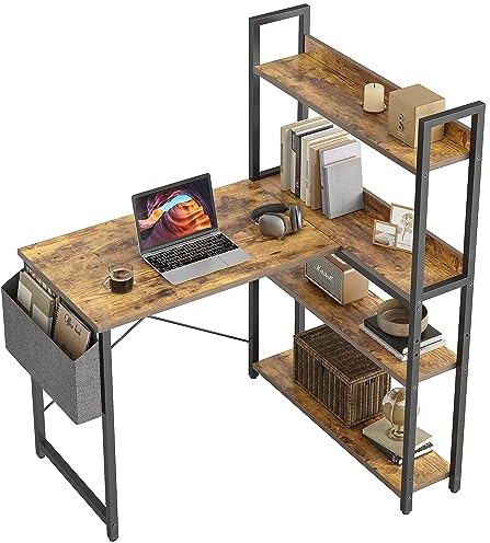CubiCubi Schreibtisch mit Regal,Eckschreibtisch für Heimbüro,Kleiner L-förmiger Computertisch mit Ablagefächern,Bürotisch mit Aufbewahrungstasche, 100cm Braun.
