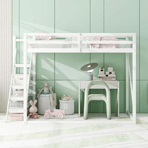 KUAKE Kinderbett Hochbett mit Sicherheitsleiter 140x200cm, Etagenbett aus Massivholz mit Lattenrost geeignet für Kinder, Jugendliche und Erwachsene weiß