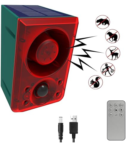 QXMH Alarma Solar con Sensor de Movimiento para Exteriores, Sonido de ladridos de Perros y Disparos, 130 db, luz de Alarma con Detector de Movimiento, con Control Remoto para el hogar, Villa, Patio