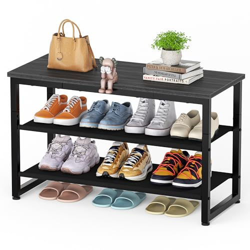 SIMPDIY Shoe Rack, 3 Tier Shoe Storage, Shoe Bench Storage with Seat, Black | Shoe Racks Storage with Wooden Shelf for Entryway Living Room Hallway Bedroom, Load Capacity 150 kg