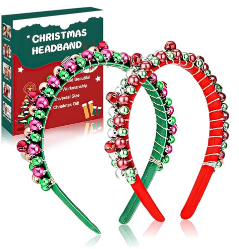 Miioto 2 Pièces Bandeau Cloche de Noël, Accessoire de Noël Bandeaux de Fête, Coiffe de Cloche de Noël Bandeaux, Noël Métal Aux Femmes Accessoires, Bandeau de Noël Rouge Vert