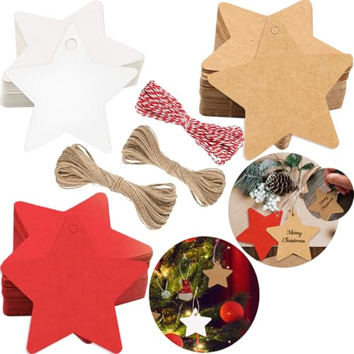 Geschenkanhänger für Geschenke, Weihnachtsanhänger für Geschenke mit Schnur, Weihnachts-Etiketten, Weihnachtsverpackung, Zubehör, Papier, Sterne, weiß, braun, Geschenkanhänger, Weihnachten,