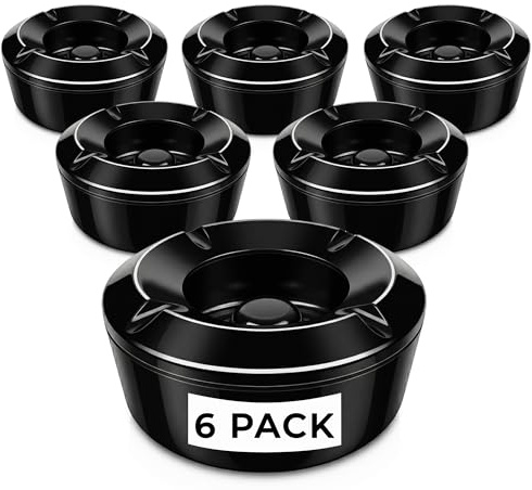 Chabrias Ltd Melamine Windproof Ashtray with Locking Lid - 6 Pack - Black Outdoor Ashtray for Pub Beer Garden Patio Smoking Areas Lightweight Cigarette Ash Tray + Screw Lid Commercial Use - Pack of 6