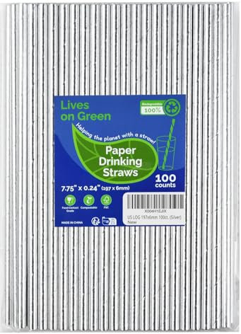 Lives on Green Pajitas de papel desechables plateadas de 7.75 x 0.25 pulgadas para cócteles, fiestas, bodas, bares, restaurantes, 100 unidades