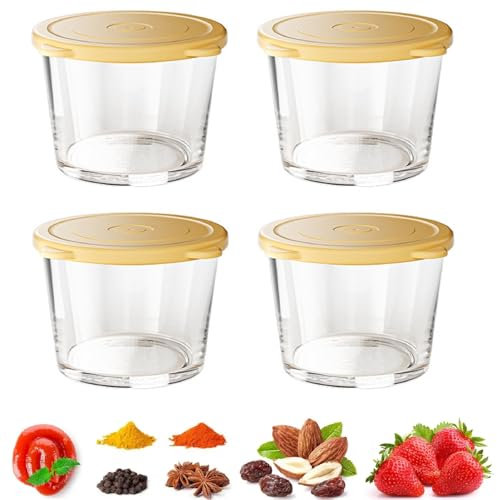 4 Stück Glasbehälter Mit Deckel, 280ml Glas Vorratsdosen Frischhaltedosen Mit Luftdicht Silikondeckel, Kleine Glas Aufbewahrungsbehälter Salatdressing Behälter To Go Für Saucen Früchte Nüsse(Gelb)