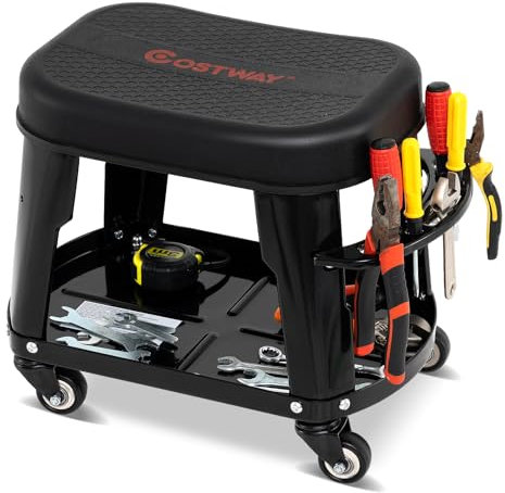 COSTWAY Rolling Mechanic Stool, Creeper Stool Trolley with Tool Tray, Tool Holder, Detachable Seat and 4 Universal Casters, 136kg Capacity Heavy Duty Garage Workshop Seat Chair (Black)